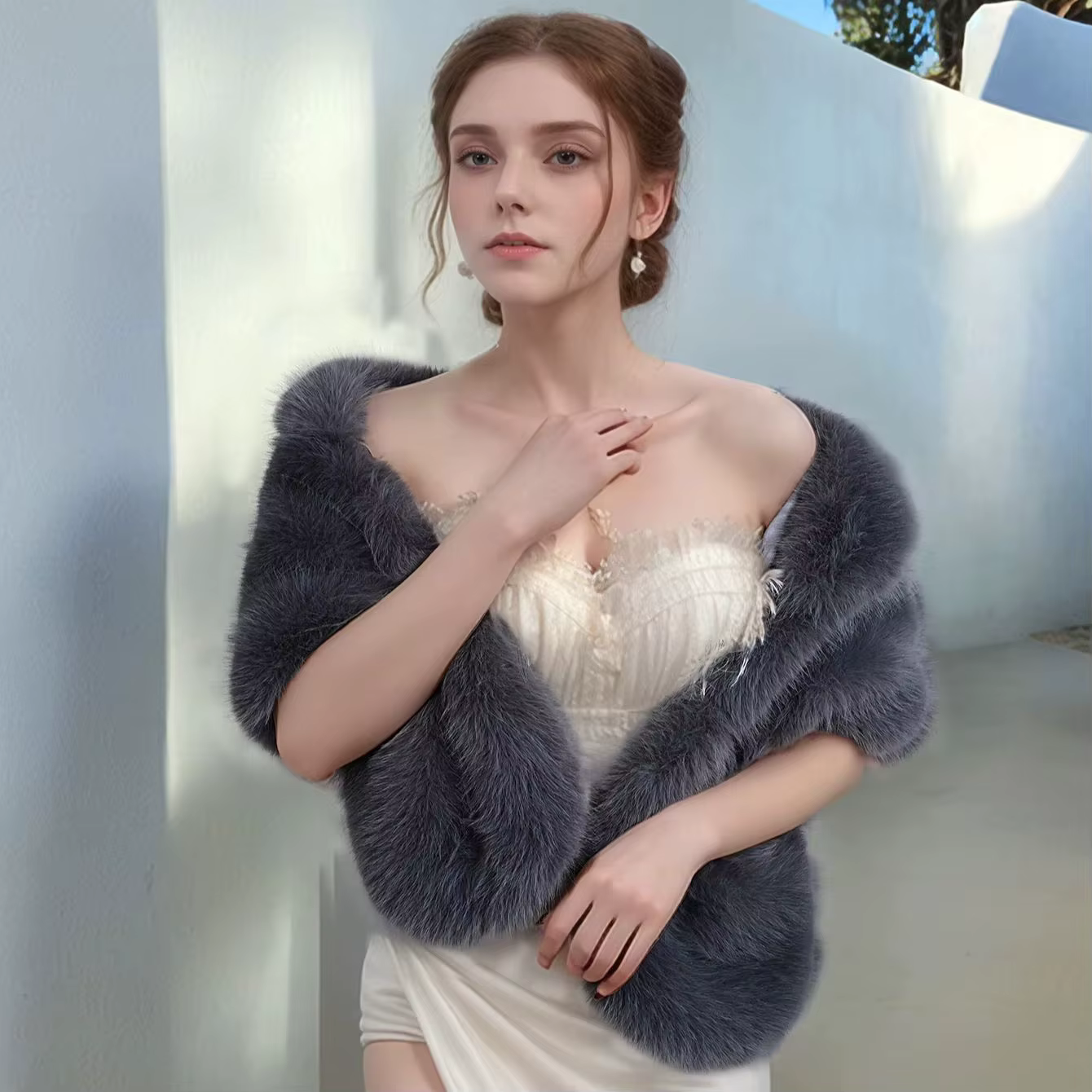 Châle en polyester et fourrure de renard fait à la main pour femmes, vêtements chauds, fête de maria
