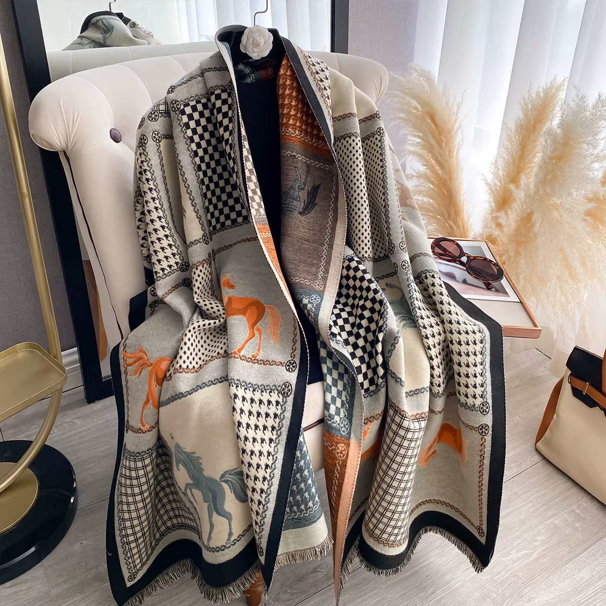 Nouvelle marque de luxe écharpe Jacquard double face cachemire doux chaud frange Pashmina le cheval