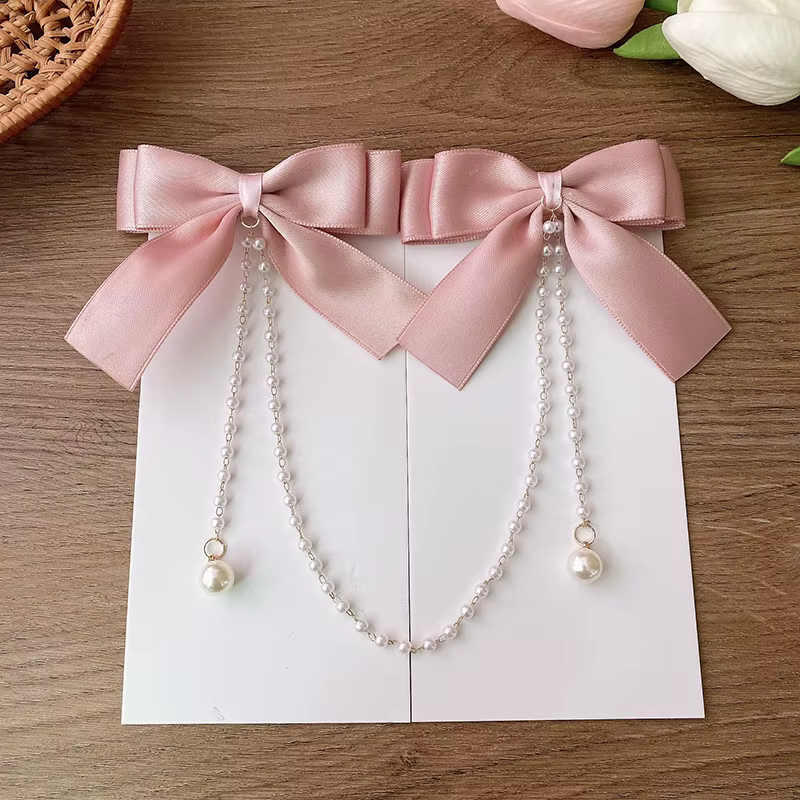 Pince à cheveux avec nœud en chaîne de perles roses, Style princesse doux, épingles à cheveux mignon
