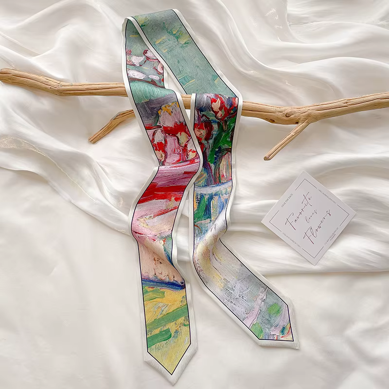 Petit Foulard Long et Étroit pour Femme, Imprimé Double Face, Décoration de Pantalon et Ruban, Chape