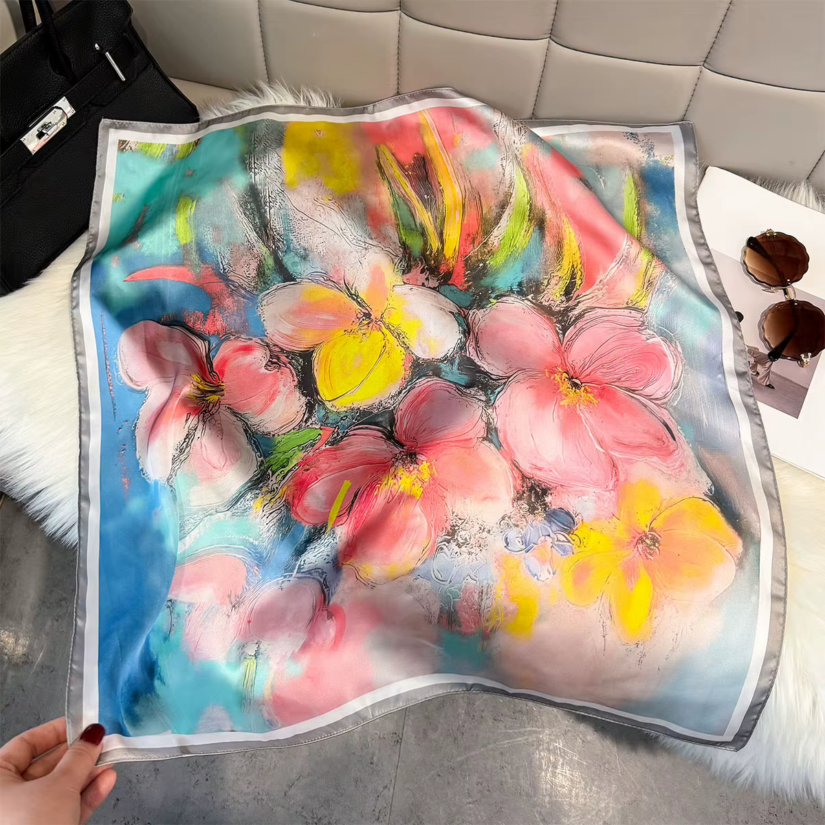 Foulard carré en soie imprimé peinture à l'huile pour femme, hijab, écharpe douce en satin, cravate 