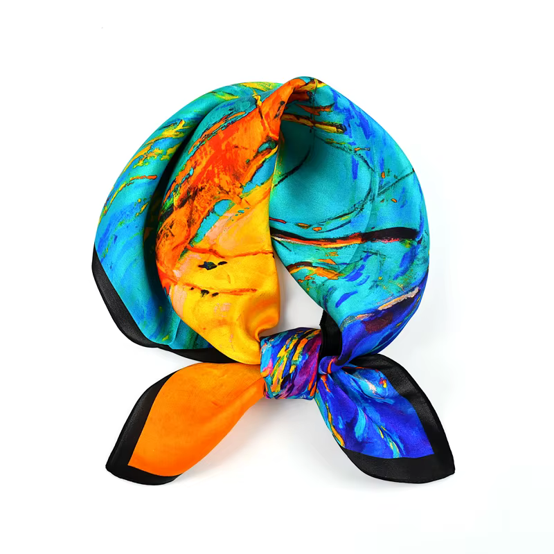 Foulards en soie naturelle pour femmes, peinture à l'huile, bleu et jaune, satin de soie véritable, 