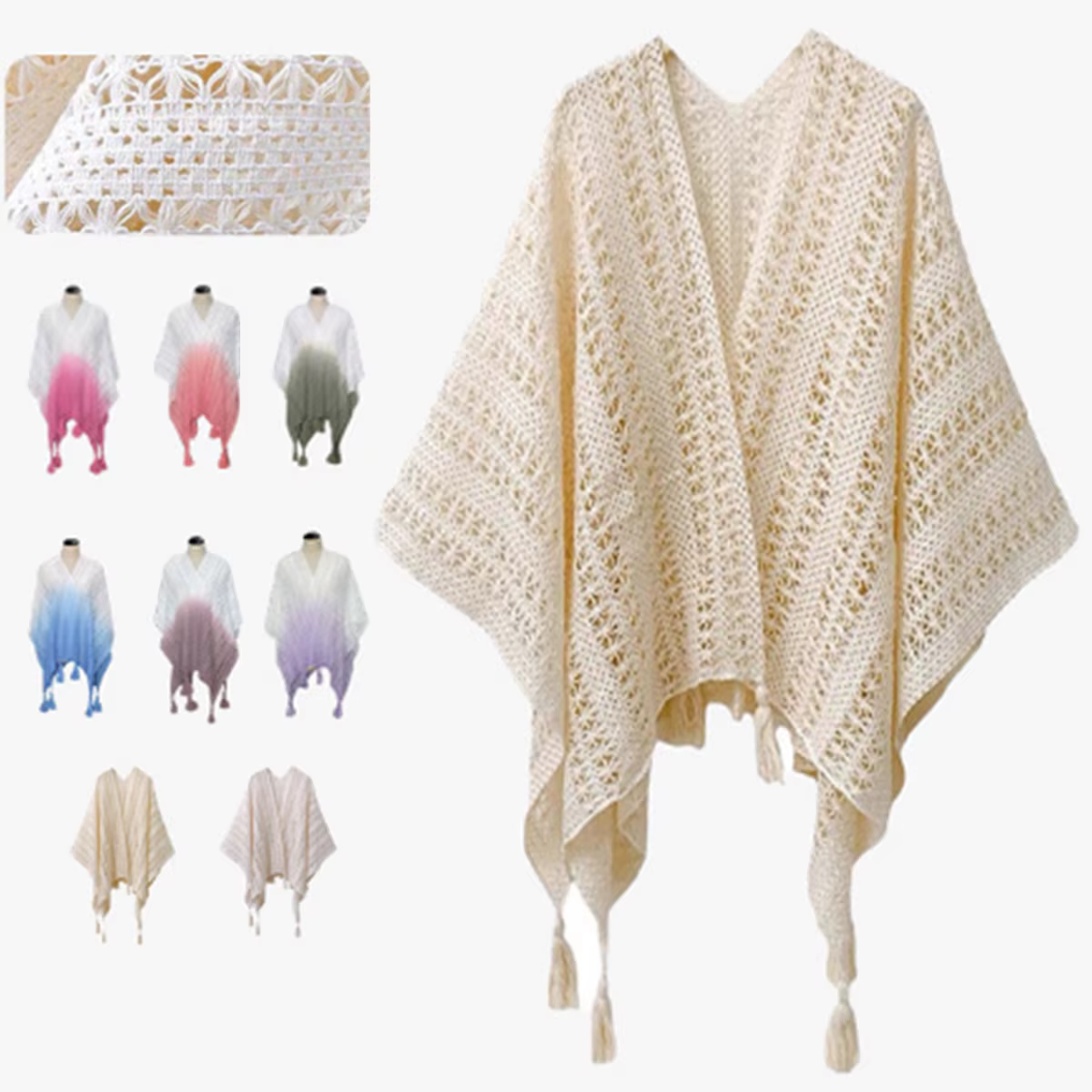 Châle fin ajouré dégradé style ethnique pour femme, grande cape décorative printemps-été