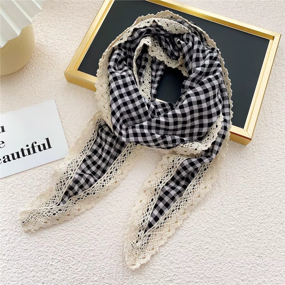 Écharpes en coton triangle losange pour femmes et filles, écharpe de sauna, bord en dentelle, foular