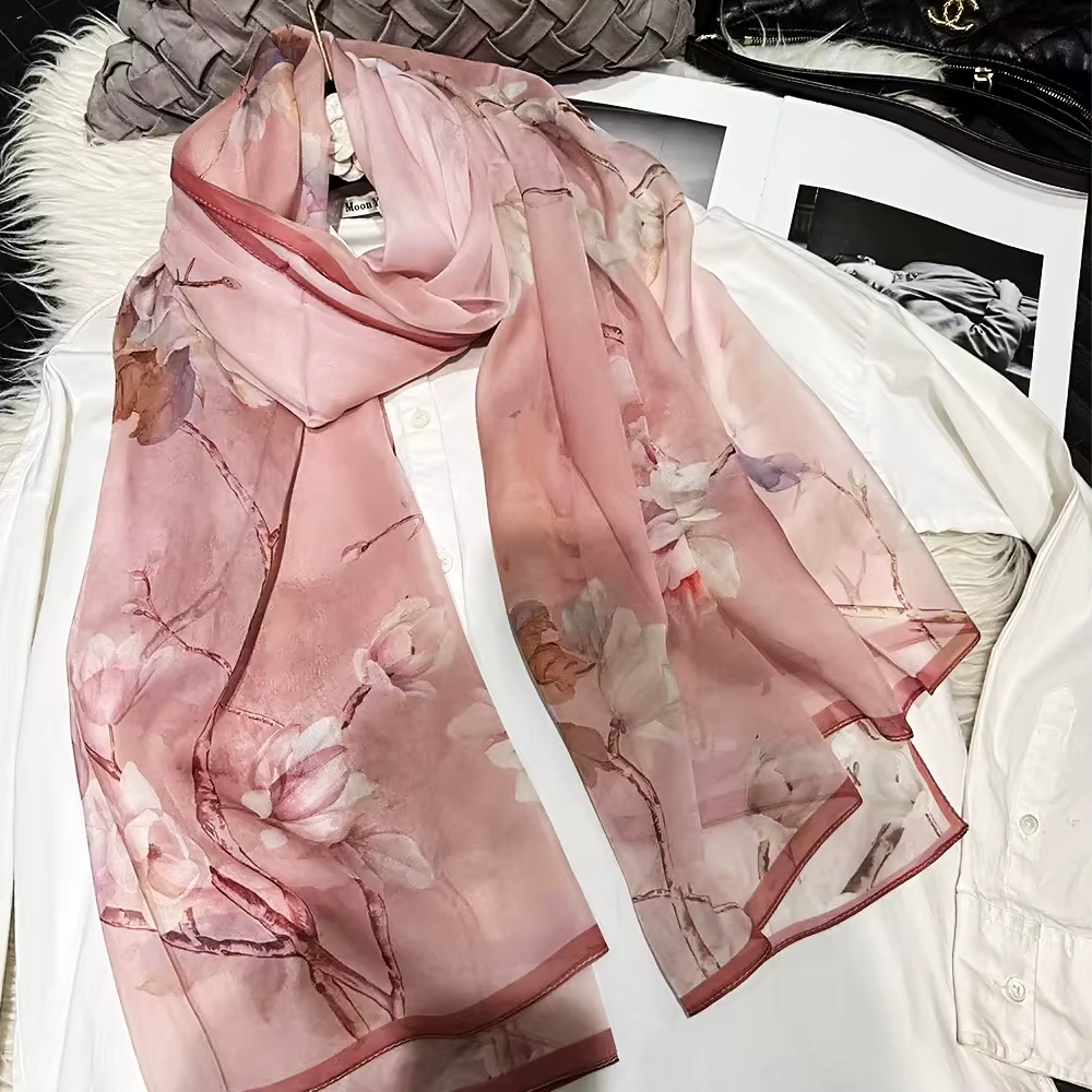 Gris blanc 100% soie châle écharpe femmes mode nouveau Design Floral longues écharpes enveloppes été