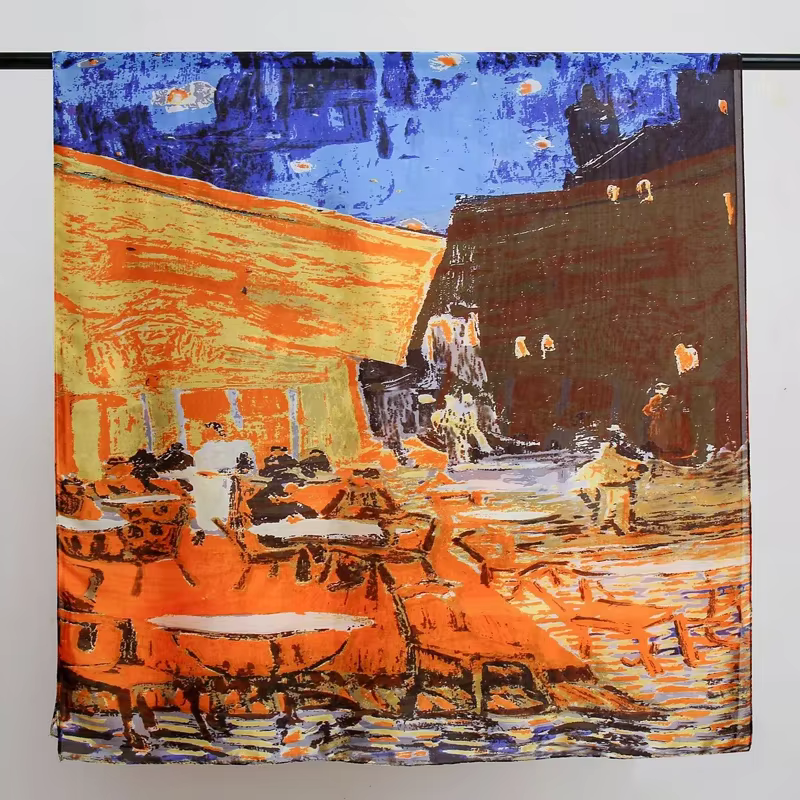 Écharpe en soie imprimée « Café Terrace At Night » de Van Gogh pour femmes, foulard long, hijab, cad