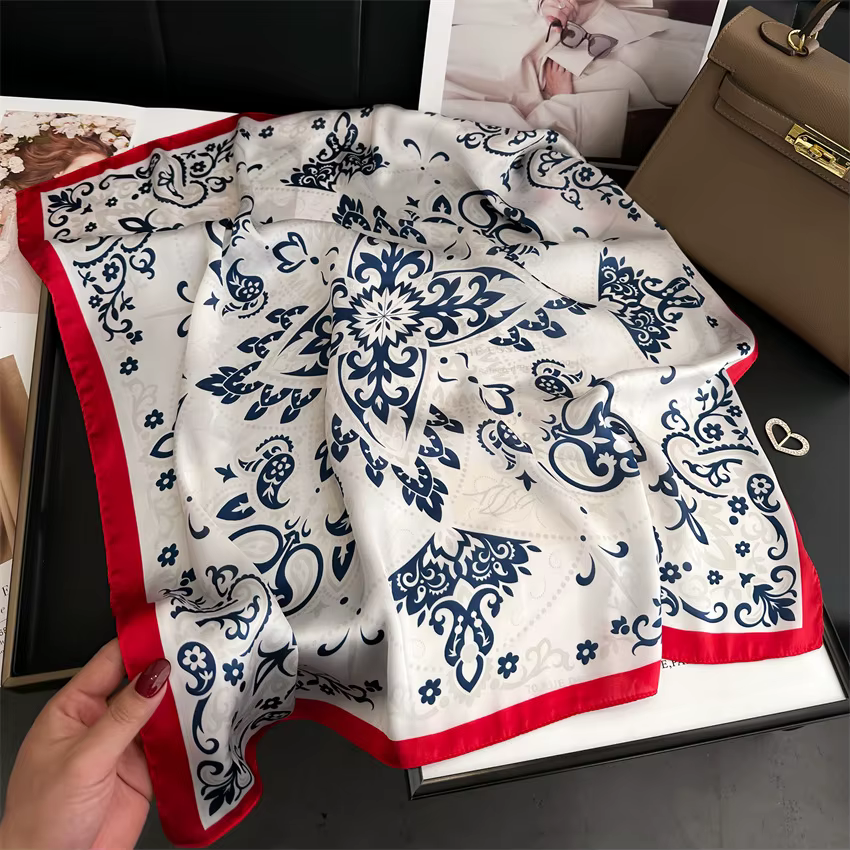 Foulard carré imprimé pied-de-poule d'inspiration Vintage, écharpe de cou fine et lisse en Satin dou