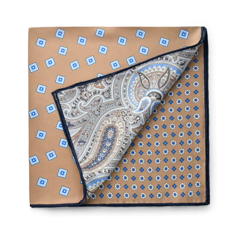 Petit Foulard Carré en Soie Naturelle Patchwork de Couleur Camel, Hijab pour Femme et Homme, Cadeaux