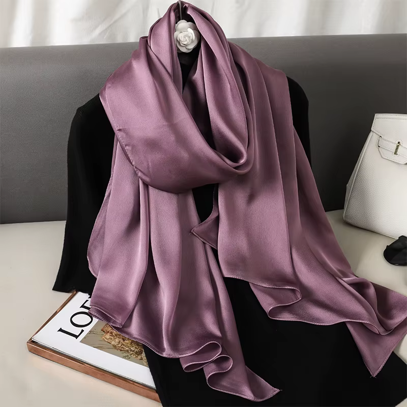 Foulard en soie pour femmes, marque de luxe, grand châle, bandeau enveloppant, Design solide, Hijab,