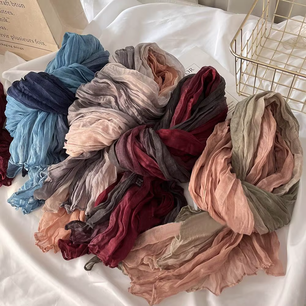Écharpe en Coton et Chanvre pour Femme, Dégradé Bleu, Rétro Polyvalent, Imprimé, Long, Châle Doux, N