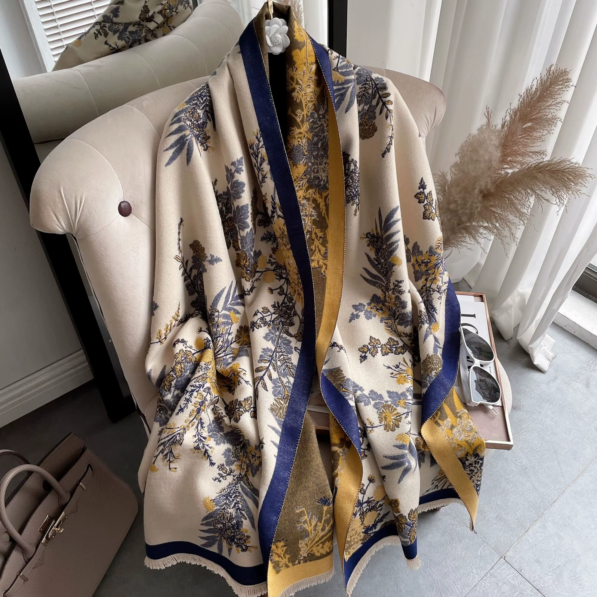 Écharpes en cachemire à motif floral pour femmes, châle rond épais, écharpe pashmina en laine pour d