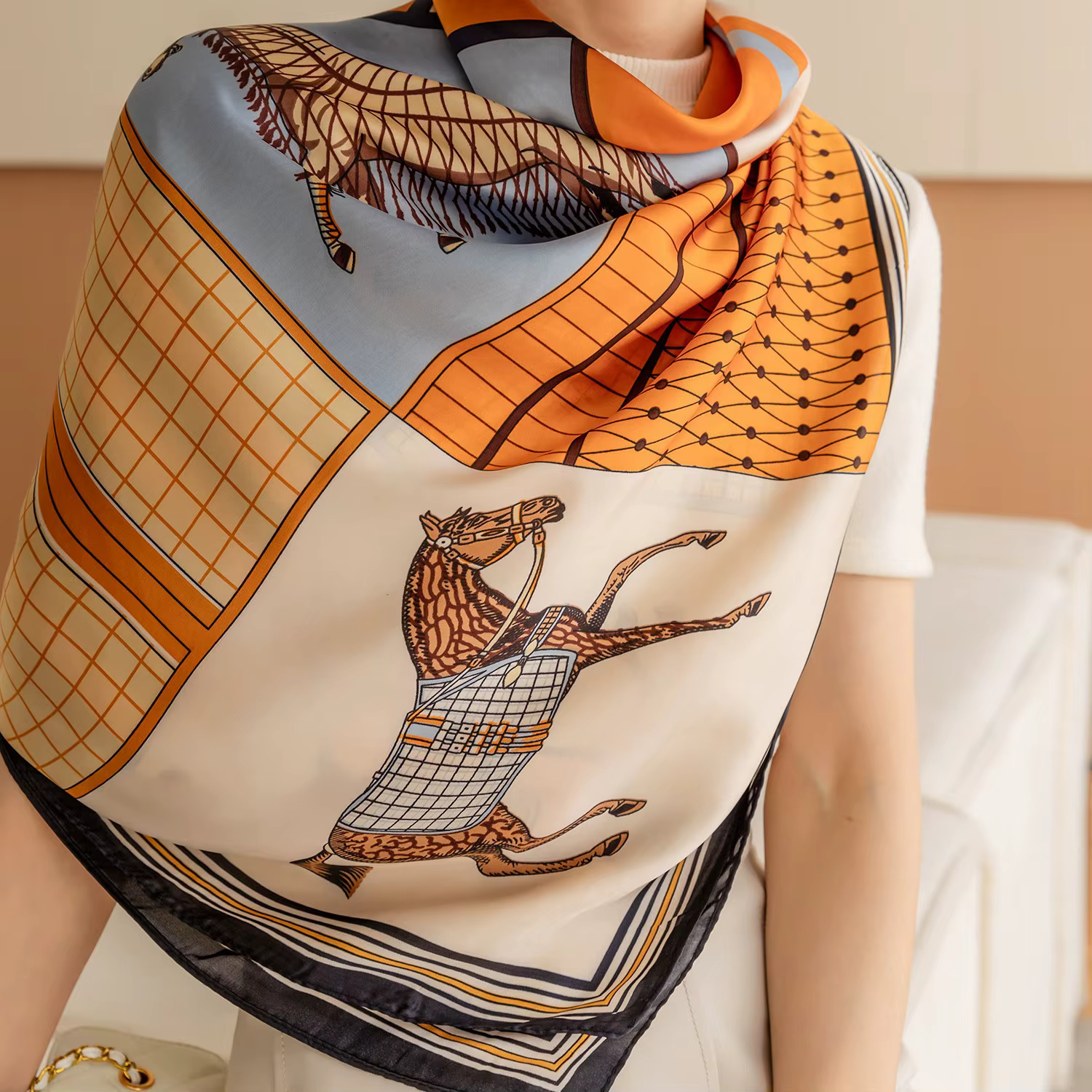 Foulard carré imprimé cheval de luxe, châle Vintage en Imitation soie pour femmes, coupe-vent, envel