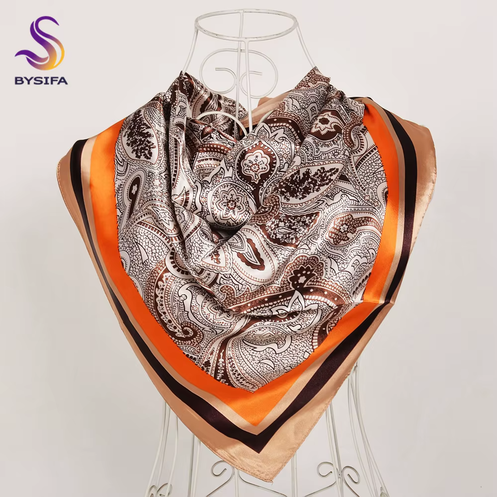 BYSIFA – écharpe Beige café pivoine en soie, châle, carré, Hijabs, automne hiver, musulman, 90x90cm,