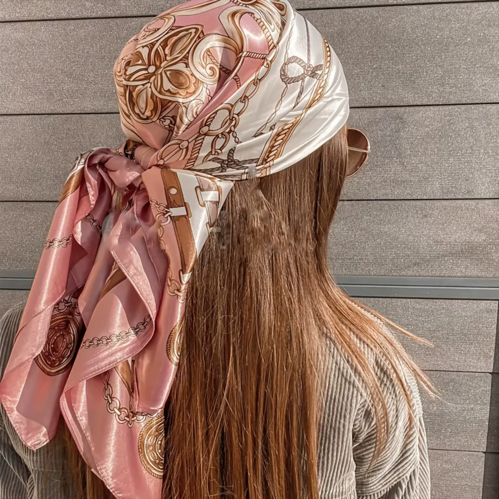 Foulard en soie rose pour cheveux, foulard en Satin élégant à motif de chaîne Vintage, grand foulard
