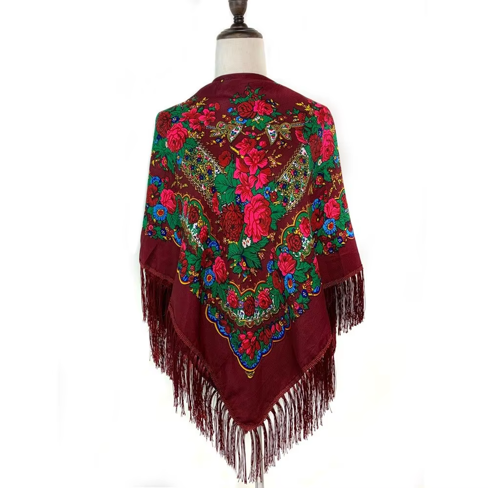Écharpe traditionnelle russe 160*160cm, style rétro avec franges, châle surdimensionné à pompons, co