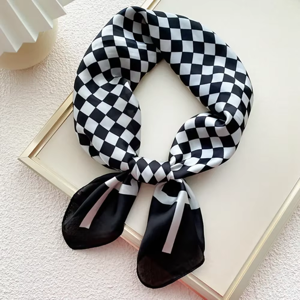 Écharpe carrée à motif damier rétro pour femme, écharpes décoratives professionnelles, accessoires d