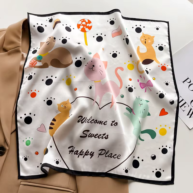Foulard pour filles 100% soie de mûrier naturelle, motif chats de dessin animé, écharpes carrées de