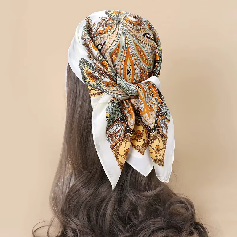 Foulard en soie pour femmes, imprimé Floral, carré, châle musulman, Hijab, bureau, pour dames, Banda