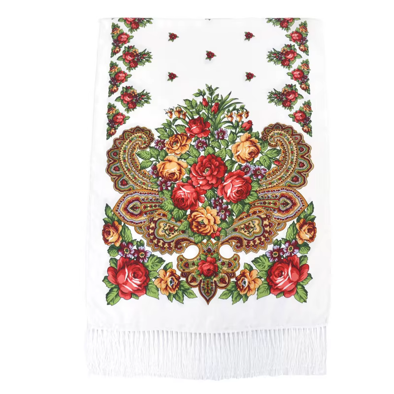 Foulard de Luxe Russe à Imprimé Floral, 200x70cm, Long, Bandana, Châle Ethnique à Franges, Pashimina