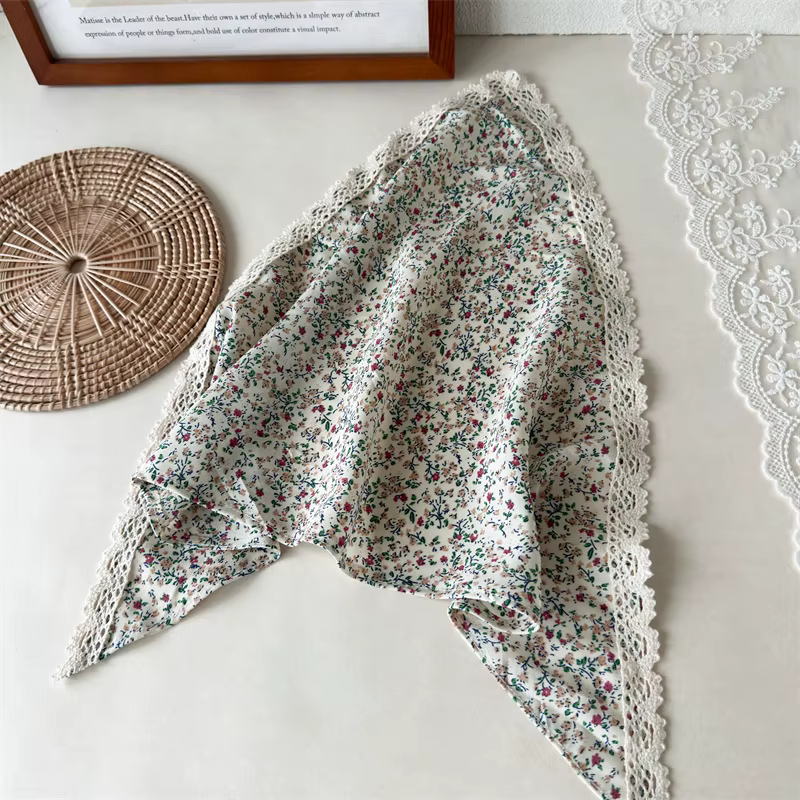 Écharpe triangulaire à bordure en dentelle florale de style pastoral, élégante pour femmes, idéale p
