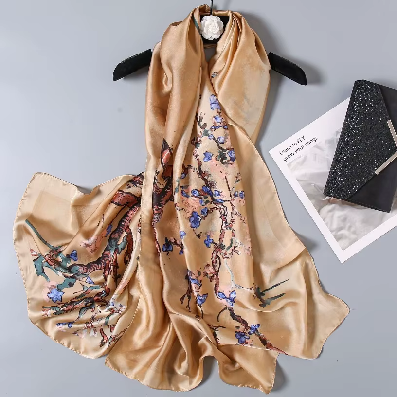 Écharpe à imprimé floral rose pour femme, foulard de luxe en soie d'abricot, hijab, châles et étoles