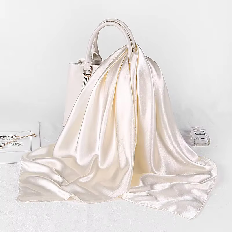 Foulards Hijab en Satin de soie pour femmes, foulard de cheveux, couleurs unies, châles carrés 90x90
