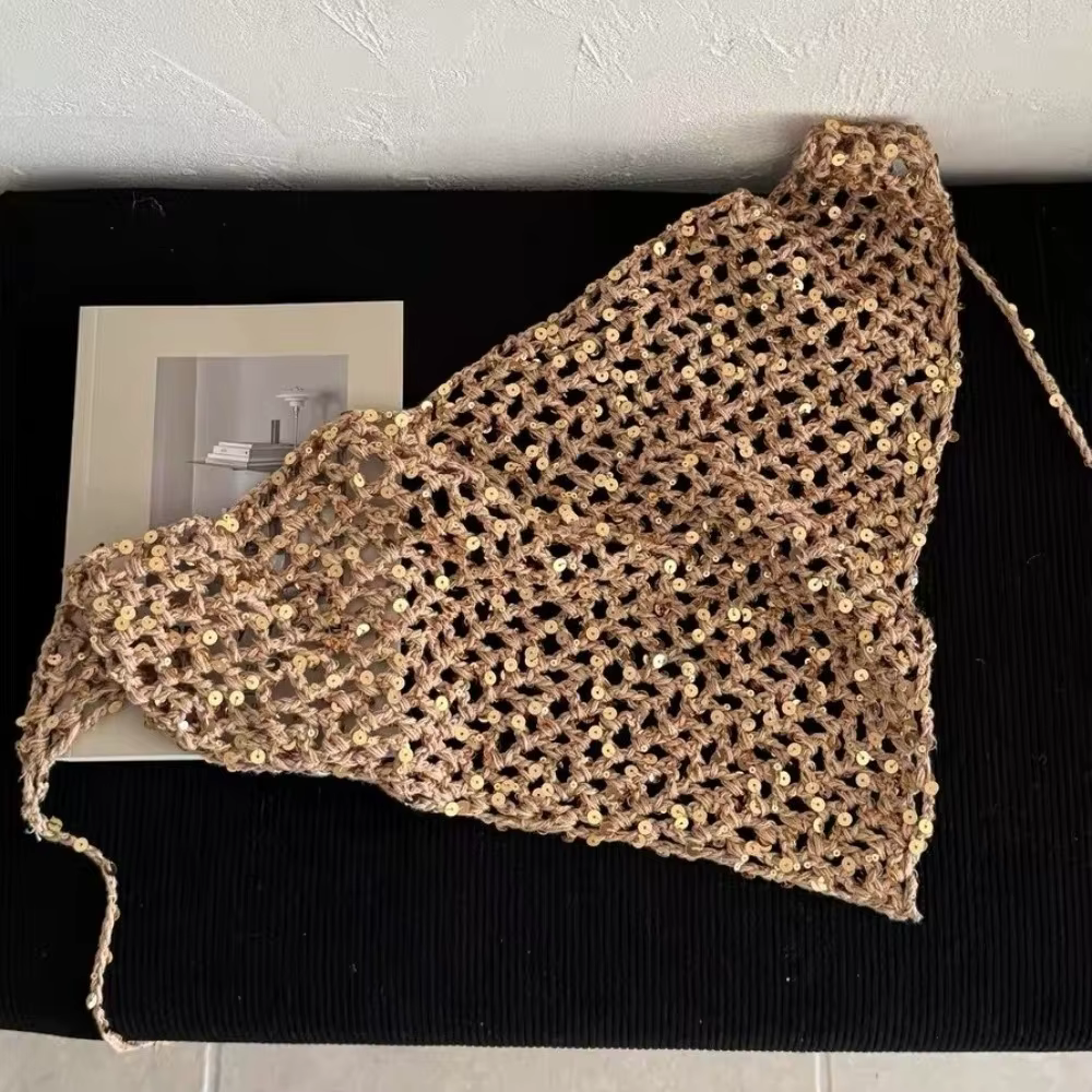 Écharpe triangulaire à sequins multifonctionnelle, tricotée à pompons exotiques, style campagnard, c