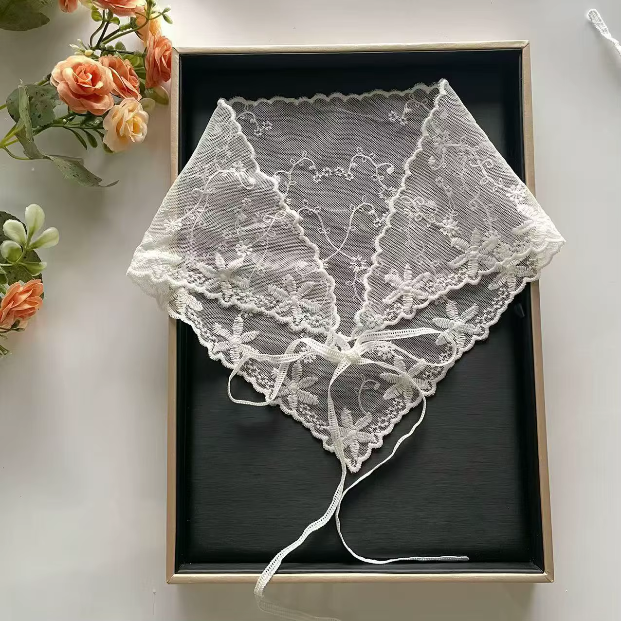 Foulard triangulaire en dentelle, style coréen, avec fleur en dentelle blanche, pour femme, style pa