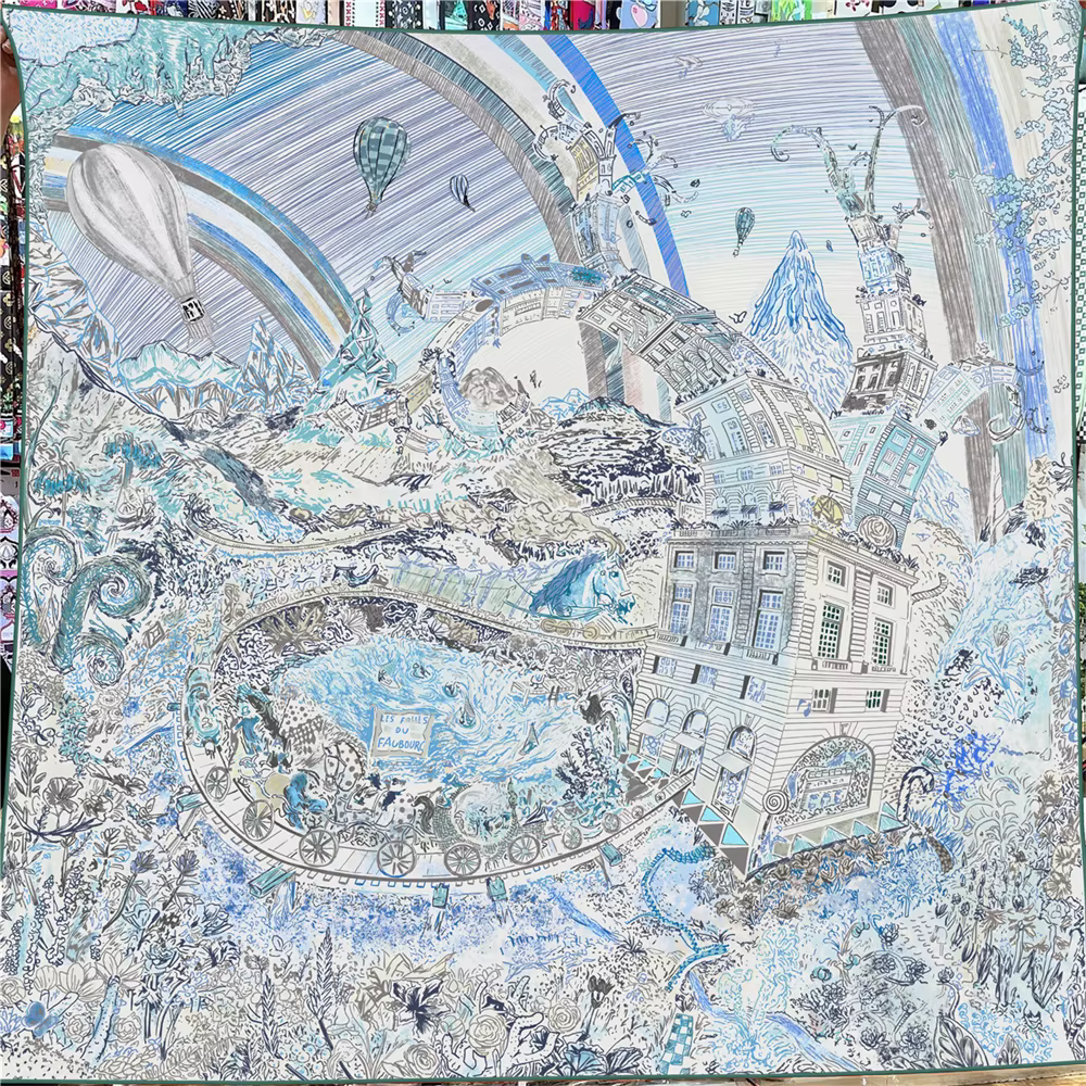 Écharpe d'hiver en soie et cachemire pour femme, châles imprimés Sea City, pashmina chaud, foulards
