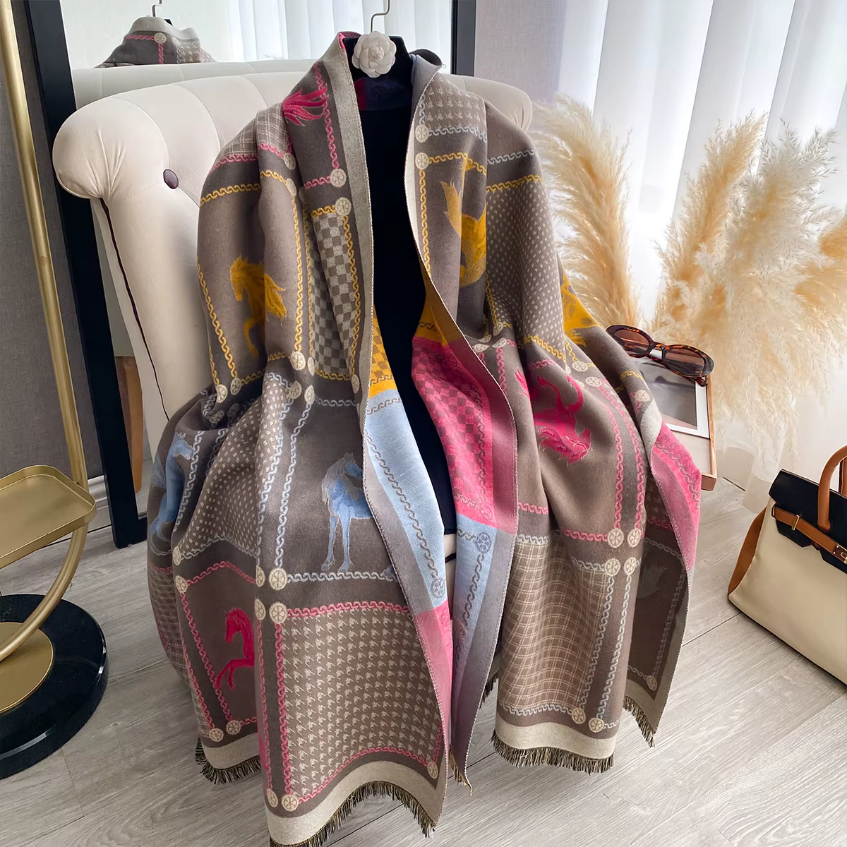 Nouvelle marque de luxe écharpe Jacquard double face cachemire doux chaud frange Pashmina le cheval 