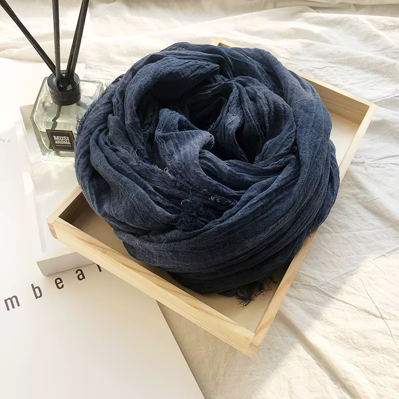 Écharpe Vintage en coton et lin froissé pour hommes et femmes, couleur unie, Pashmina chaud, bord fr
