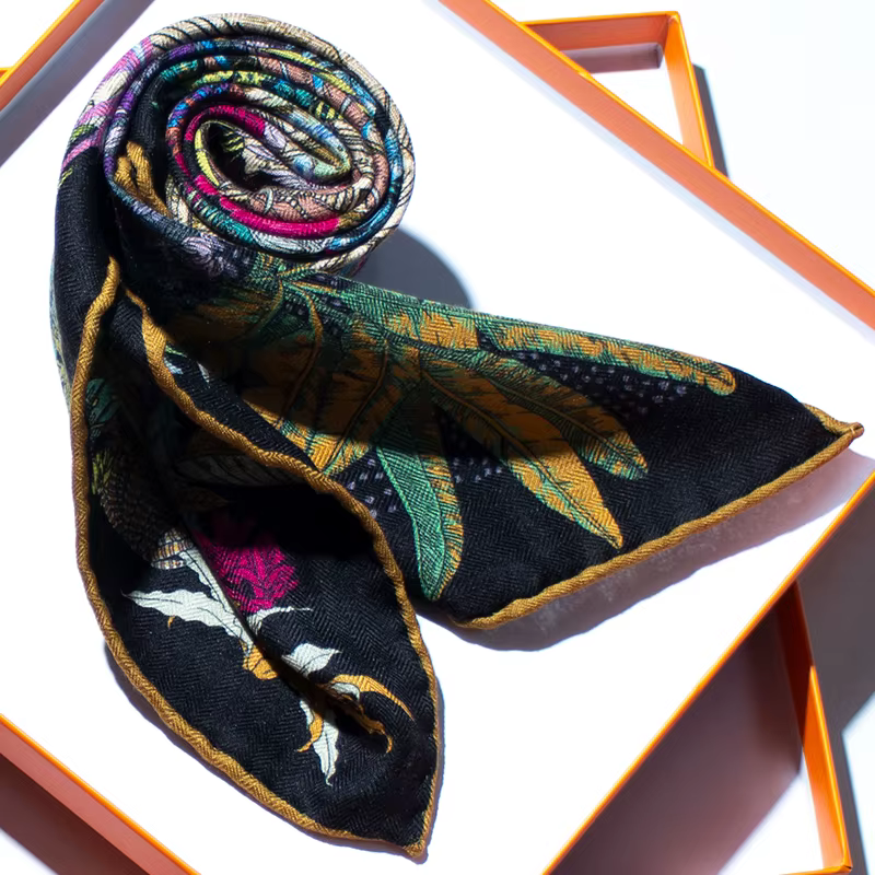 Écharpe en soie 30% et laine 70% pour femme, imprimé jungle tropicale, 65 cm carré, douce, chaude, l