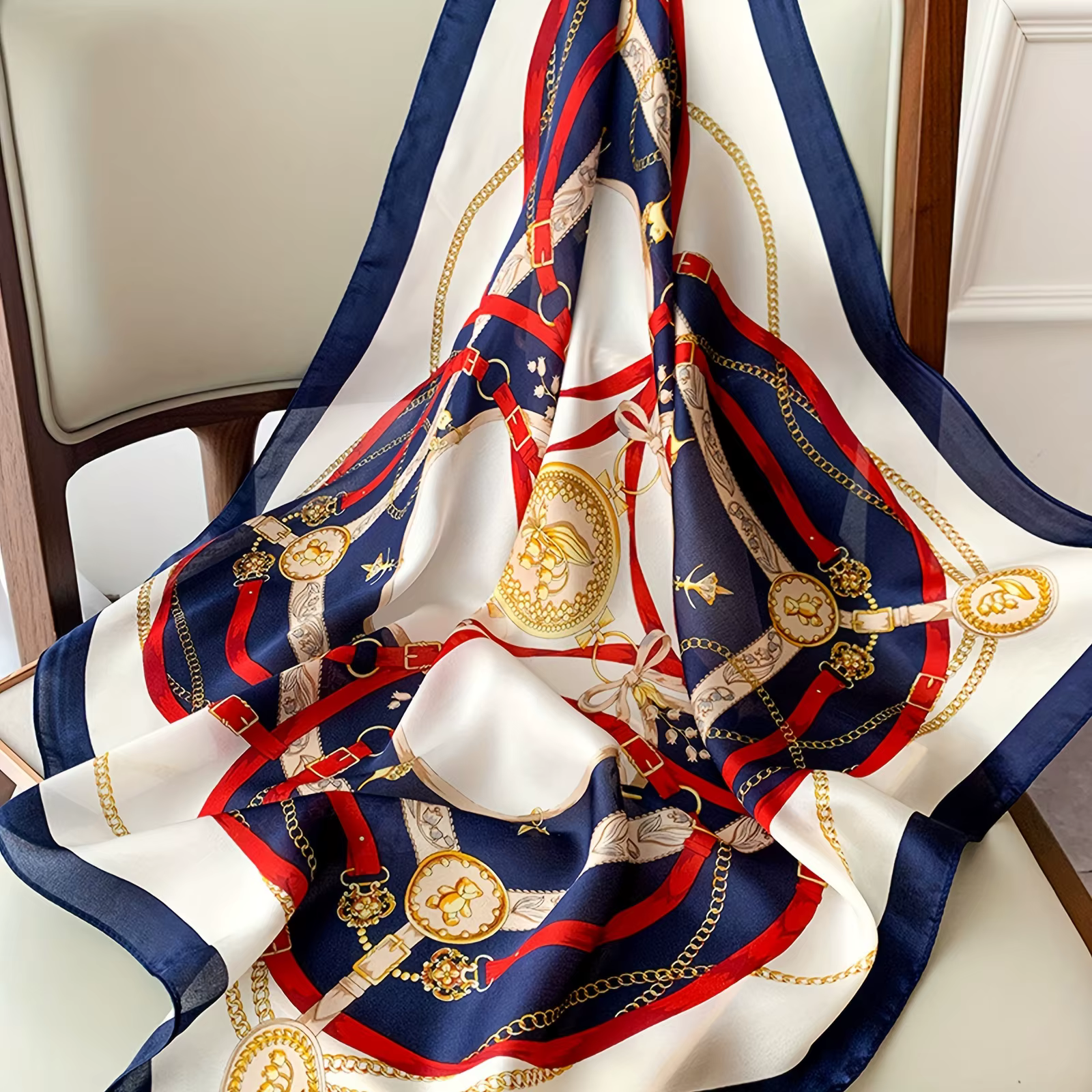 Foulard carré imprimé Orange bleu marine, châle fin et respirant pour protection solaire, décontract