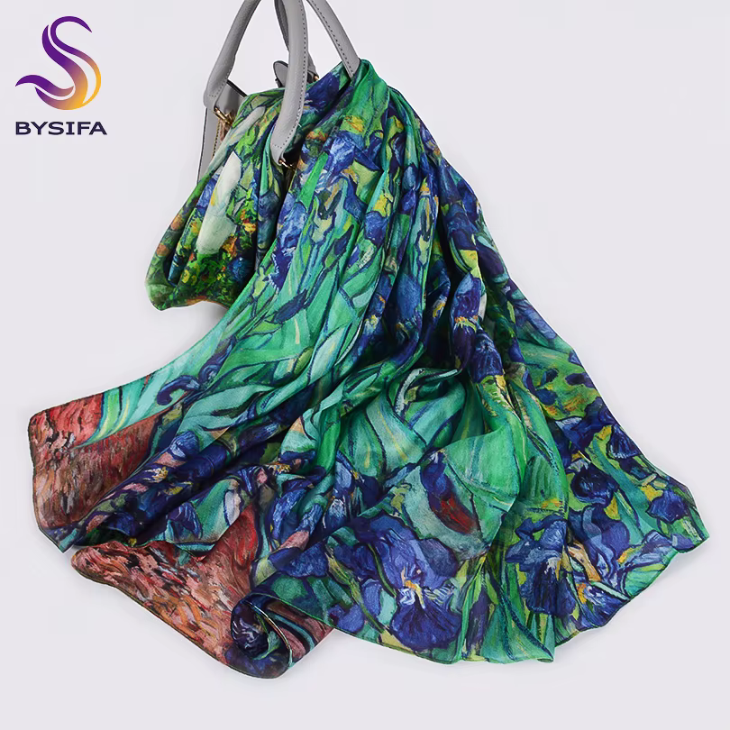 [BYSIFA] nouveau bleu vert foulard en soie châle femmes marque de mode 100% Pure