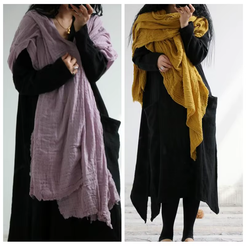 Femmes rides coton lin foulards enveloppes amples couleur unie Vintage écharpe femme 2020