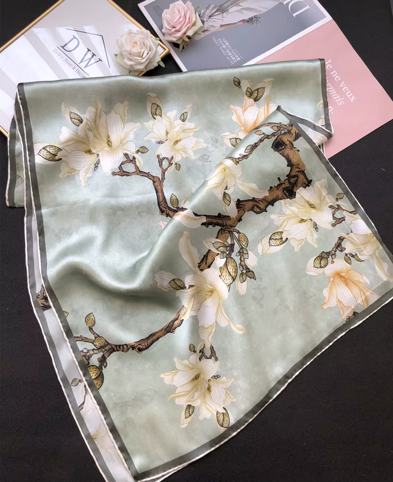 Écharpe Longue en Soie group Cousue à la Main pour Femme, Marque de Luxe, Mode Hangzhou, Motif Floral Français, 100%