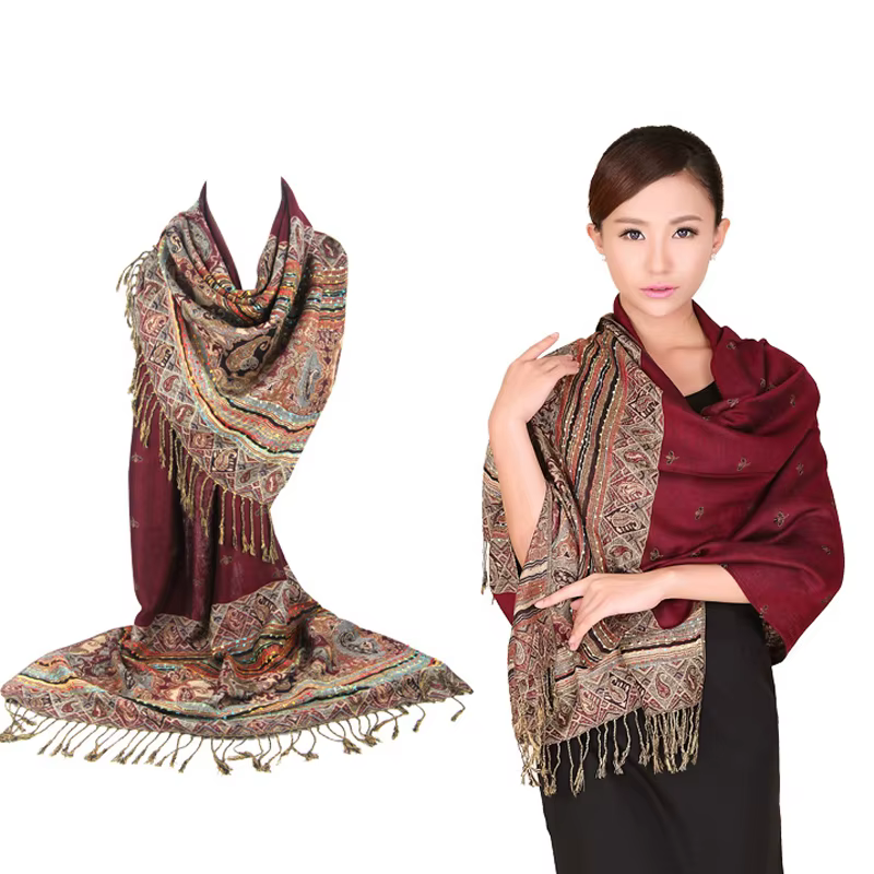 Nouvelle mode couleur bordeaux chinois femmes Pashmina Hijab Chal automne hiver offre spéciale foulards châle gland Bufanda 011506