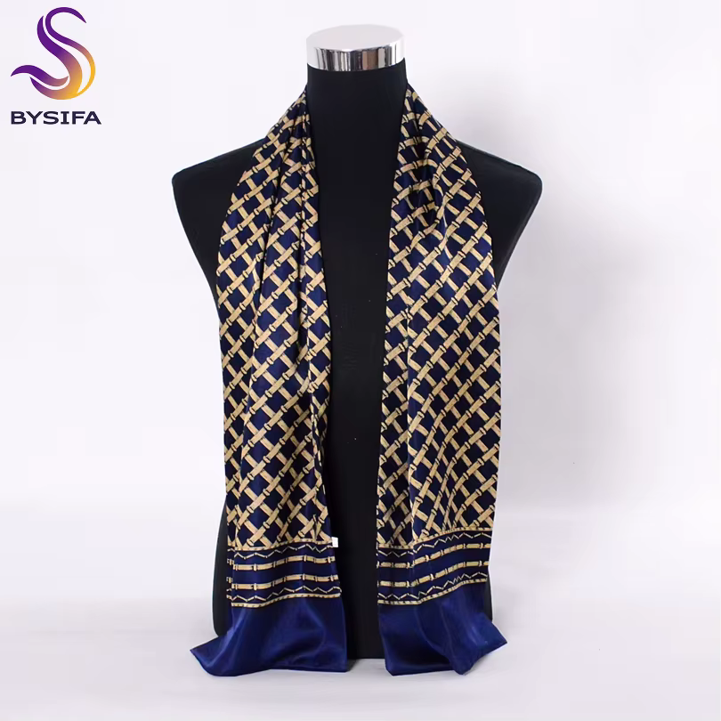 [BYSIFA] bleu marine or Plaid hommes foulards en soie accessoires de mode automne hiver mâle Pure