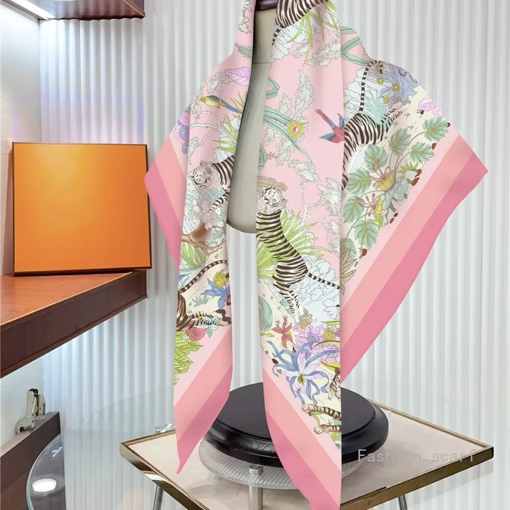 Nouvelle fleur concepteur foulards sergé soie grand carré écharpe femmes voyage châle foulard 90 cm marque de luxe fleurs modernes