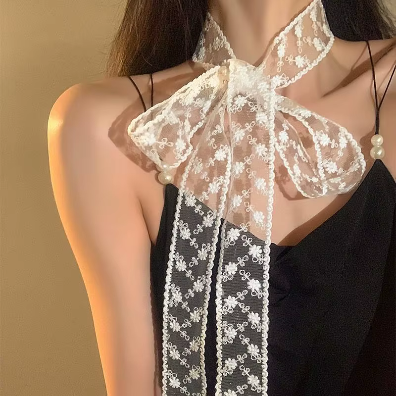 Foulard en dentelle avec ruban Long brodé, 128-180cm, enveloppe en dentelle pour femmes, bandeaux de poignet, Foulard doux