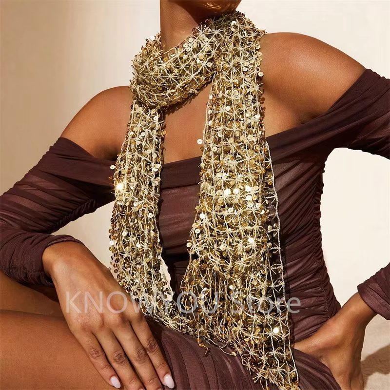 Vintage doré scintillant frange écharpe fête châle femmes luxe foulard paillettes déco enveloppes