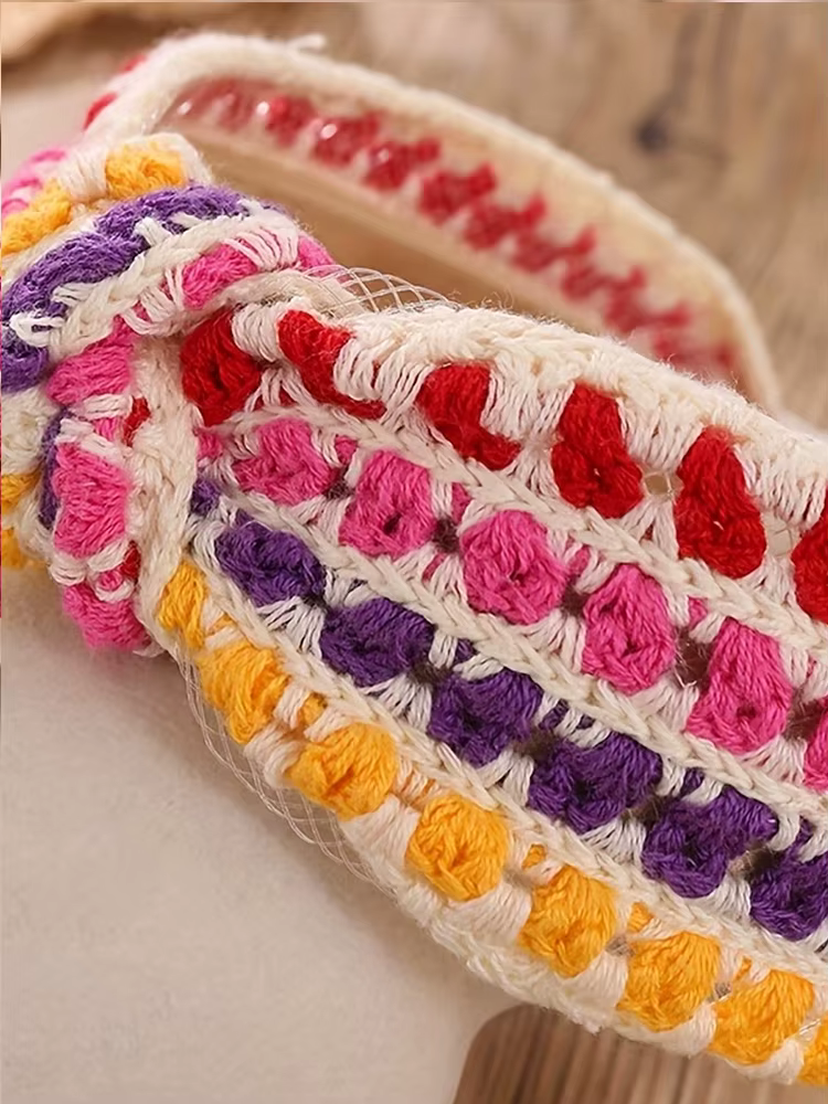 1 bandeau au crochet de style bohème fait main – Bord large avec motif floral à carreaux et fraises