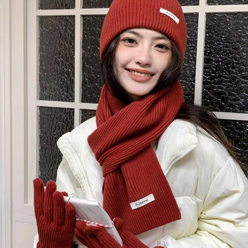 Écharpe d'hiver tricotée femme couleur unie chapeau