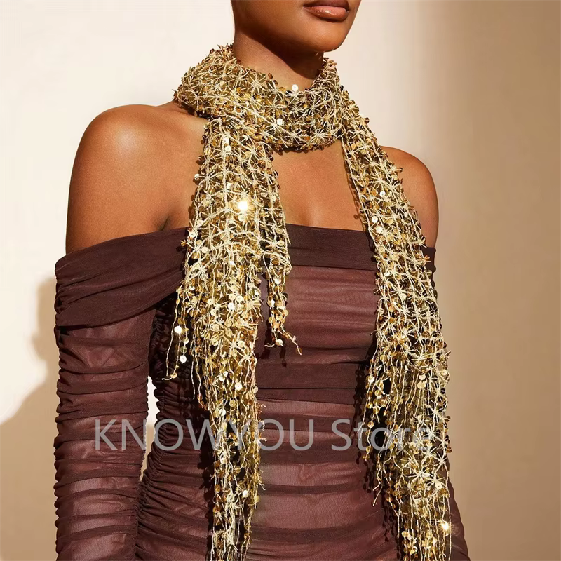 Vintage doré scintillant frange écharpe fête châle femmes luxe foulard paillettes déco enveloppes