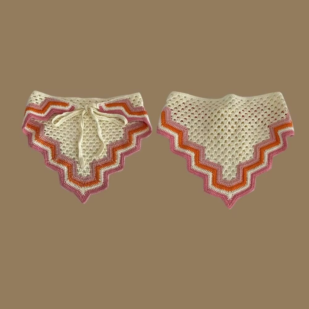 Rétro tricoté Triangle bandeau Crochet français Style pastorale fille fleur foulard à la main creux plage vacances