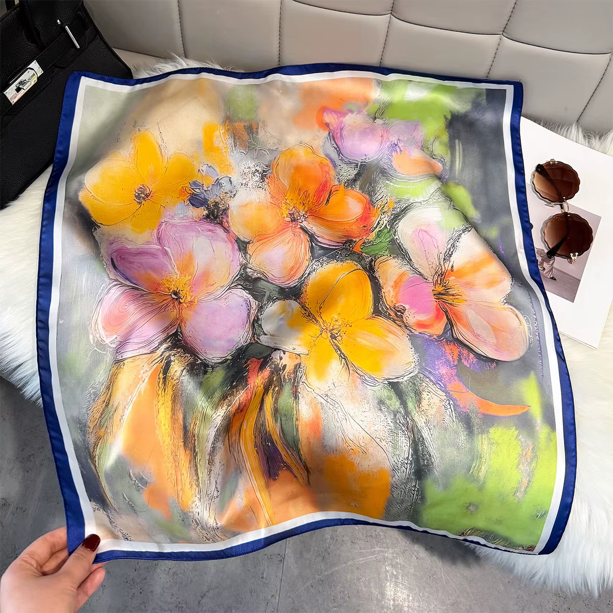 Foulard carré en soie imprimé peinture à l'huile pour femme