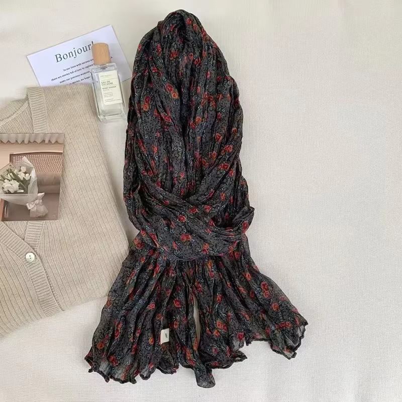 VREOVOR Antique écharpe nouvelle automne et hiver diffusion en direct chaude littéraire coton et lin rétro fleur froissé hommes femmes