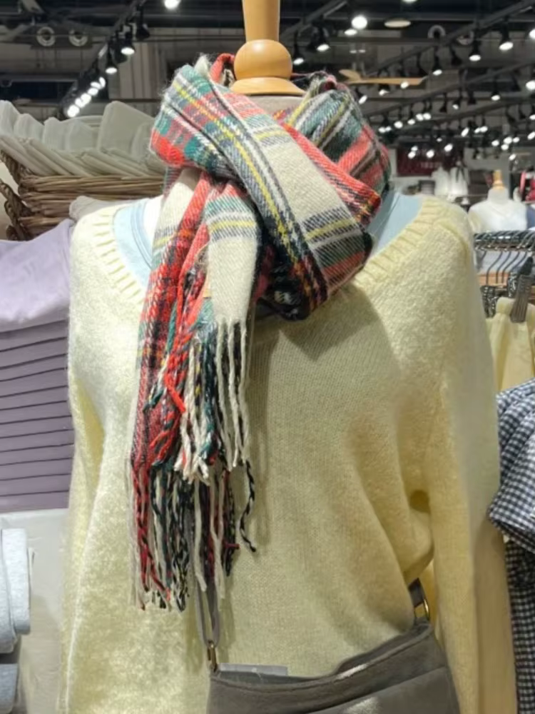 Américain Vintage gland Plaid tricoté écharpe femmes hiver unisexe chaud longue taille décontracté tout-match Preppy Style foulards noël