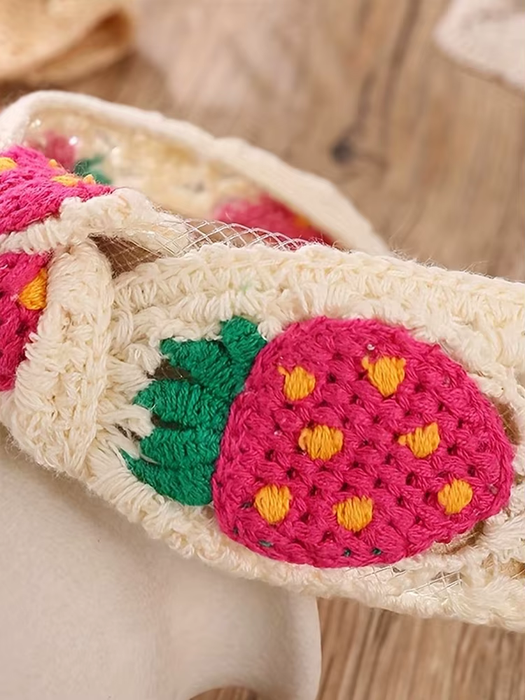 1 bandeau au crochet de style bohème fait main – Bord large avec motif floral à carreaux et fraises