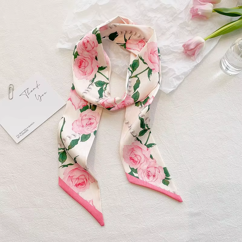 Écharpe longue double face à motif floral rose pour femme